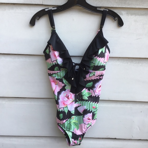 High Dive by ModCloth Getaway Glam black one piece swimsuit with pink roses M - Picture 2 of 6